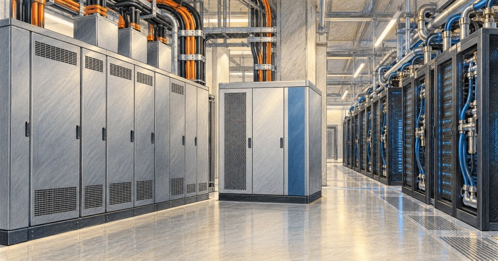 Color-pencil conceptual illustration of closed power-conversion cabinets, an energy-buffer sidecar and liquid-cooled AI server racks.