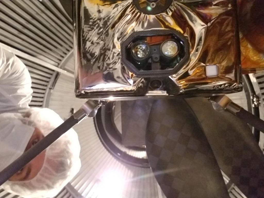 NASA Ingenuity Mars Helicopter viewed from below during preflight inspection