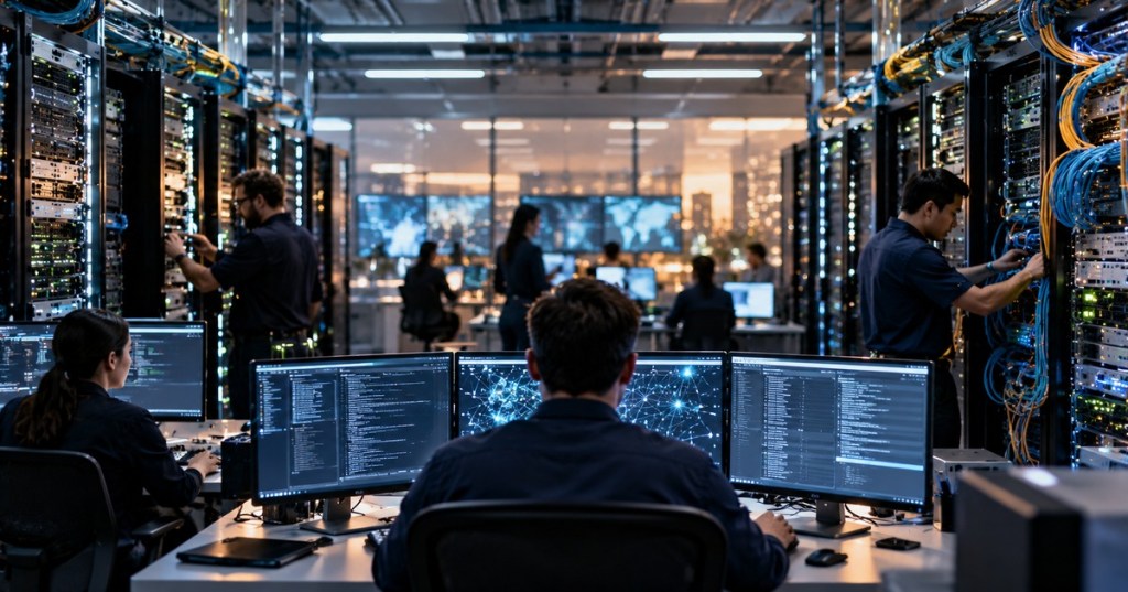Enterprise data center operations team working across server racks and connected systems