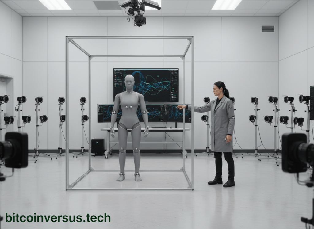 Humanoid robot and human motion are tracked by infrared cameras in a precision robotics motion-capture laboratory.