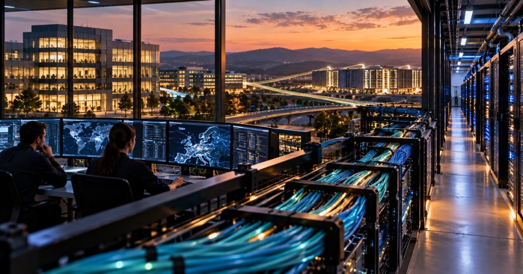 Enterprise network operations center connecting data centers and GPU cloud infrastructure over private high-speed links
