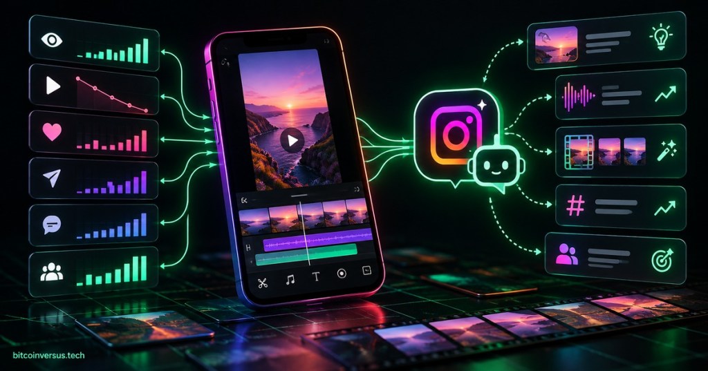 Futuristic Instagram-style video editing dashboard with AI creator analytics and recommendation assistant