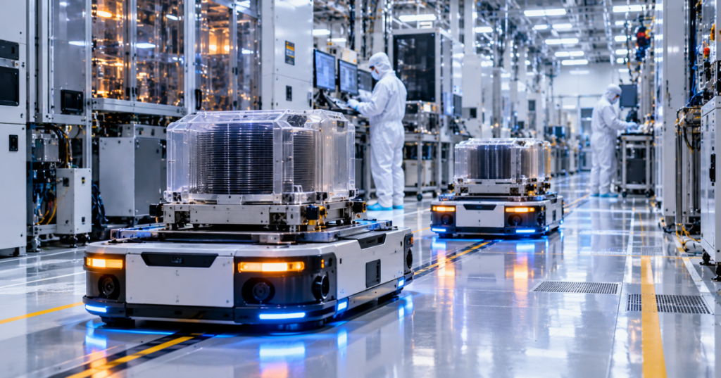 Wordless photo-realistic conceptual image of floor-guided wafer transport robots in a semiconductor cleanroom; not an actual photo of Intel's restricted equipment