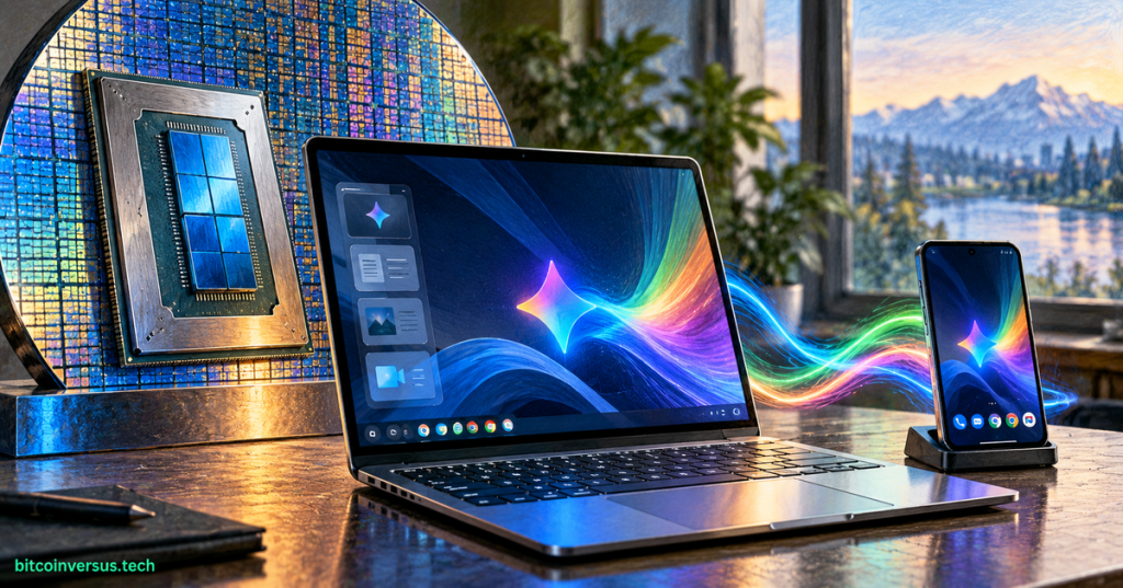 Premium laptop beside an Android phone and advanced processor wafer, illustrating Intel Panther Lake powering Googlebook laptops