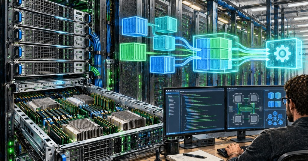 Colored-pencil illustration of Xeon servers running containerized AI inference behind an API.