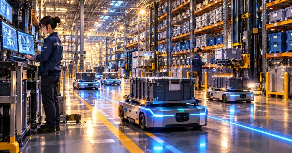 Detailed anime-style editorial artwork of an automated warehouse, autonomous mobile transport robots, storage racks and technicians at control stations