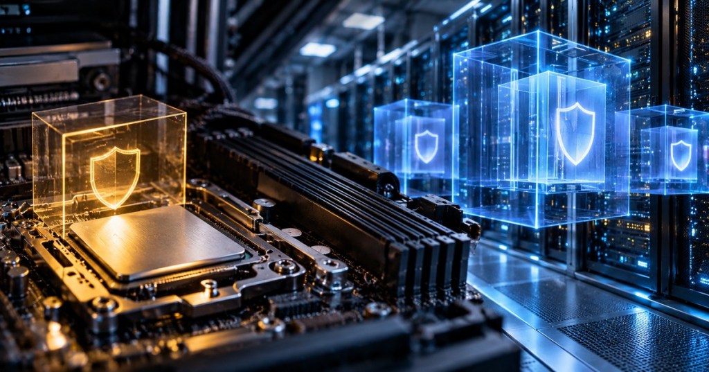 Photorealistic data center scene showing a protected processor and isolated virtual server environments representing confidential computing