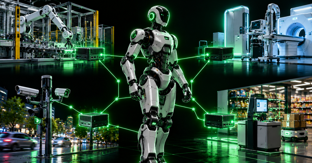 Minimal black and neon-green editorial artwork showing a humanoid robot connected to factory, healthcare, smart-city and retail edge-computing systems.