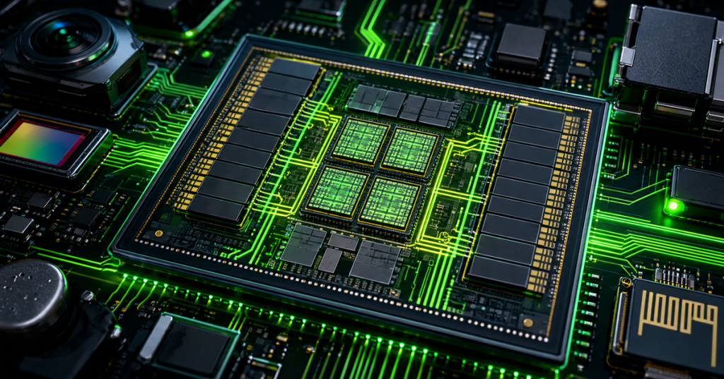 Near-memory edge AI accelerator architecture with memory banks surrounding compute units on a system-on-chip.