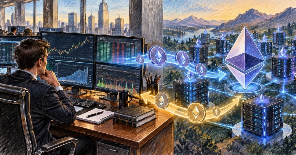 Realistic color-pencil illustration showing Ethereum moving from a traditional brokerage workstation into a validator network and staking rewards returning to the investor.