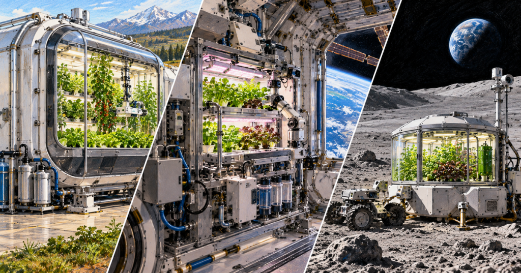 Illustrated progression of Interstellar Lab-style autonomous plant pods from an Earth greenhouse to an orbital plant-growth chamber and a lunar greenhouse beside a rover.