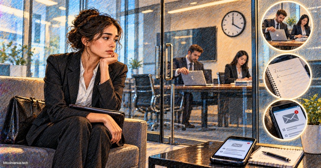 Colored-pencil illustration of a job candidate sitting outside a glass conference room after a difficult interview while interviewers close their laptops and review notes.