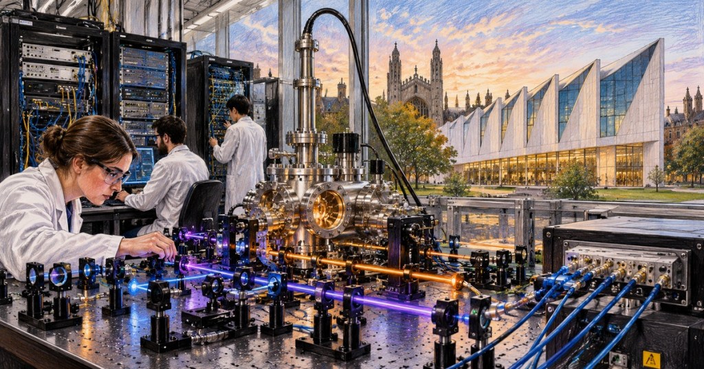 Realistic color-pencil illustration of a quantum physics laboratory at Cambridge with optical equipment, cryogenic hardware, networking racks and researchers.