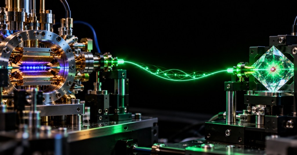 Editorial visualization of a trapped-ion quantum processor linked by a green photonic connection to a solid-state quantum memory.