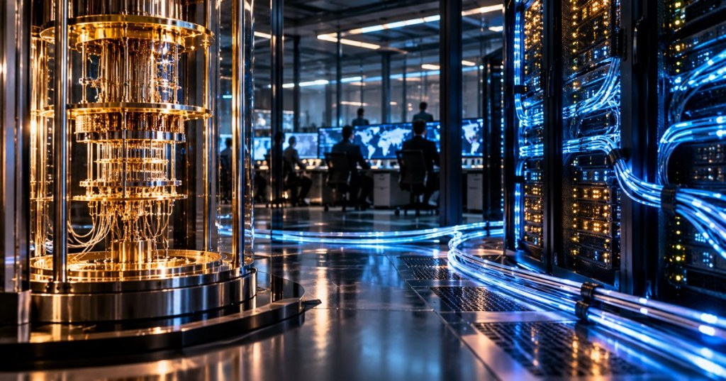 Photorealistic editorial image of quantum computing hardware, secure data-center racks and glowing fiber connections