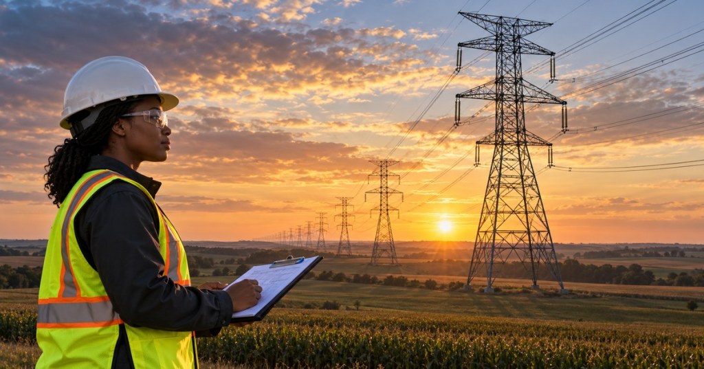 Conceptual editorial photograph of a utility engineer observing high-voltage transmission towers in Iowa farmland; proposed EASL project not yet built