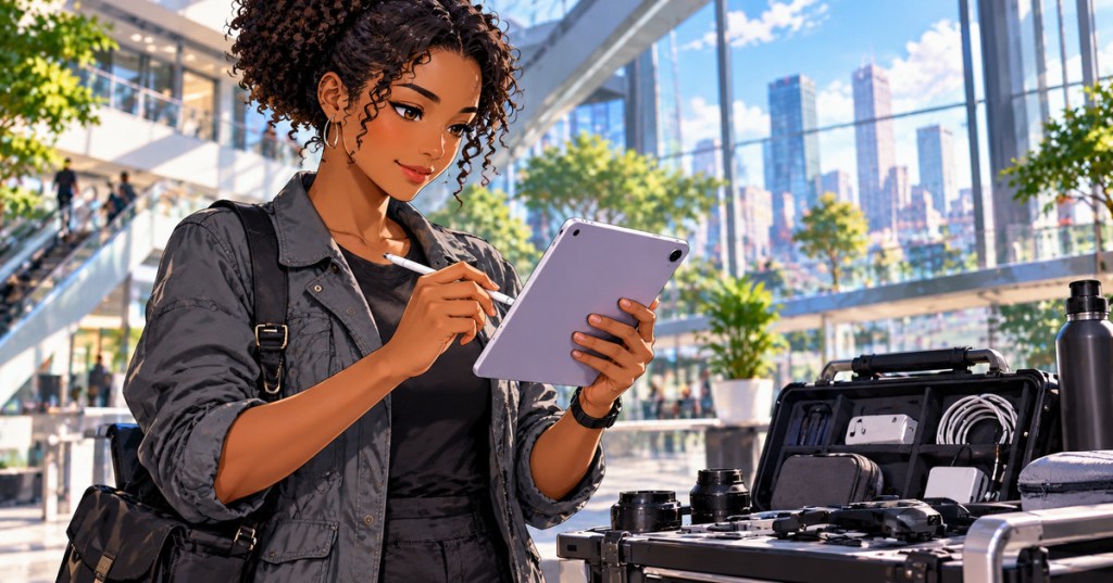 Anime editorial illustration of an adult Black woman standing in a bright technology atrium, working with a stylus on a small tablet beside field equipment.