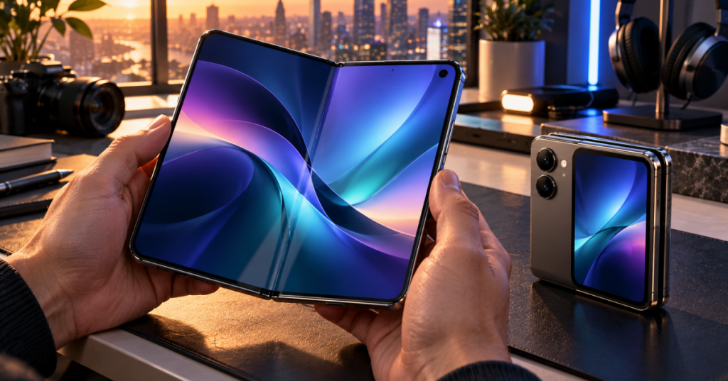 Original technology editorial image of a foldable phone unfolded in two hands, with a second folded phone standing on a desk; conceptual artwork, not a photograph of the actual iPhone Duo.