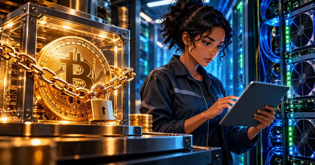 Conceptual anime illustration of a secured Bitcoin behind glass and a female engineer operating AI servers; represents iPower's pledged Bitcoin and infrastructure strategy rather than actual company facilities.