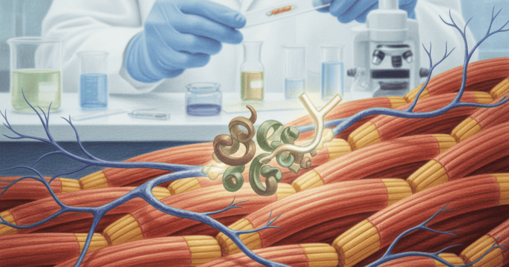 A scientific illustration of motor neurons, skeletal muscle fibers, and a monoclonal antibody blocking myostatin to represent a new muscle-targeted spinal muscular atrophy therapy.