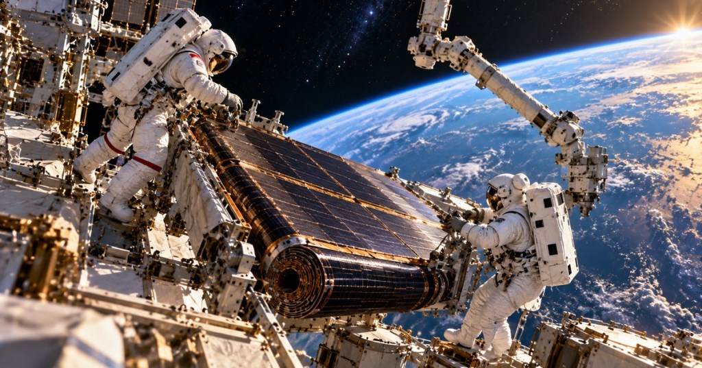 Original illustrative scene of two spacewalking astronauts installing a rolled-up solar array on a space station above Earth