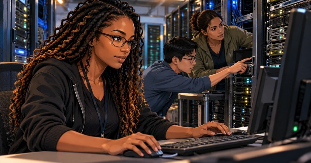 A diverse IT team working in a server room after a system incident in a cinematic anime editorial style.