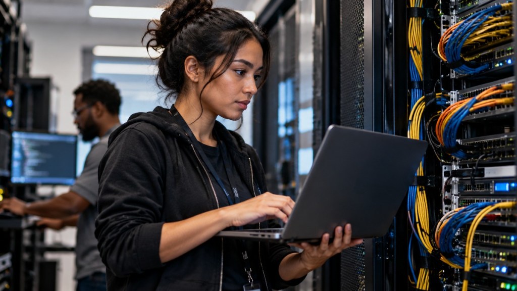 An IT technician working on a laptop beside server racks and storage hardware in a modern data center.