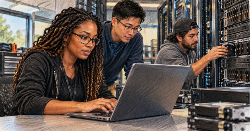 A diverse team of IT professionals working with storage servers in a realistic colored-pencil editorial illustration.