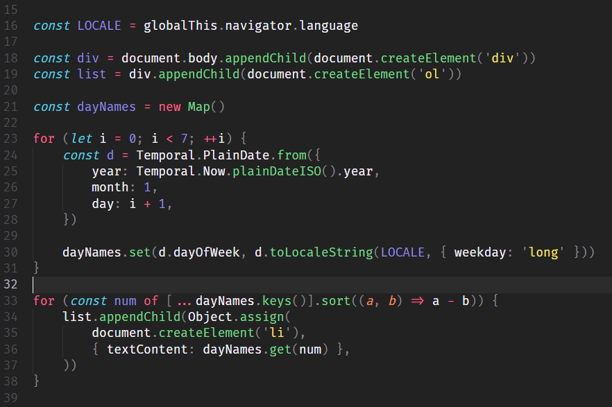 JavaScript source code showing const declarations, numeric values, arrays, maps, loops, and object creation
