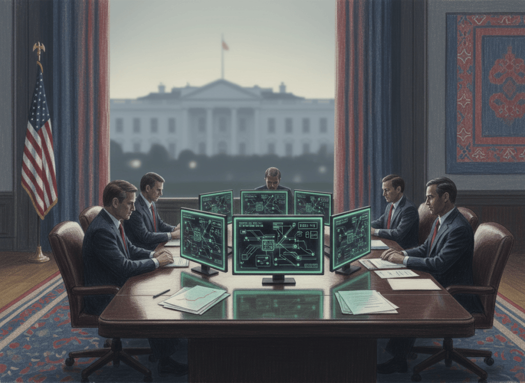 Federal AI policy briefing with secure artificial intelligence systems in Washington