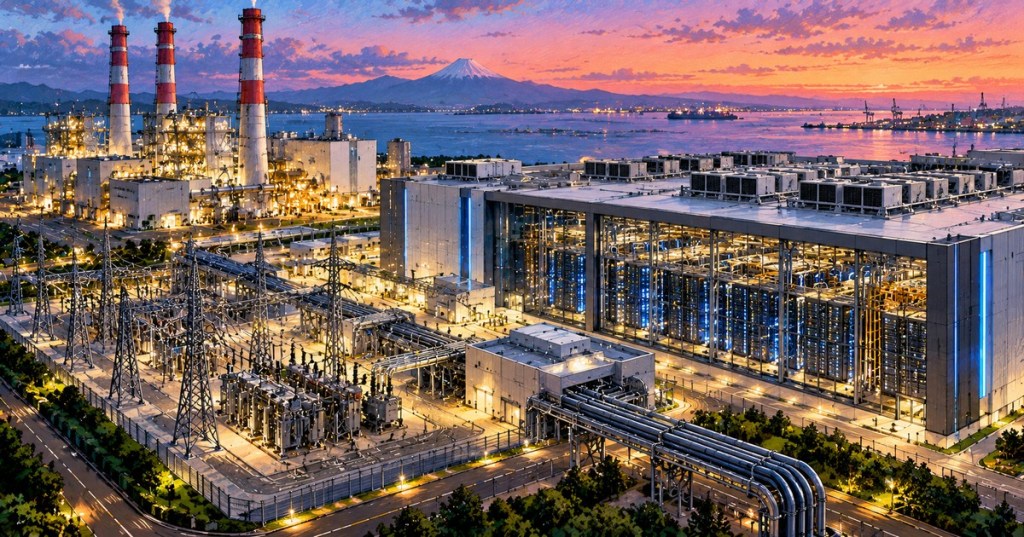 Illustration of a large AI data center beside power generation infrastructure in Japan