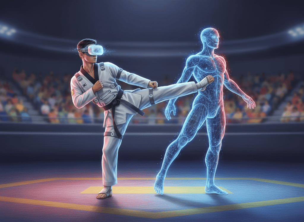 Taekwondo athlete wearing a VR headset and motion trackers while a digital avatar mirrors his kick in virtual competition.