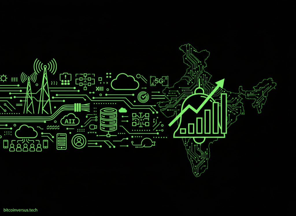 Neon finance diagram showing telecom towers, fiber, cloud and AI infrastructure converging toward a public stock market listing.