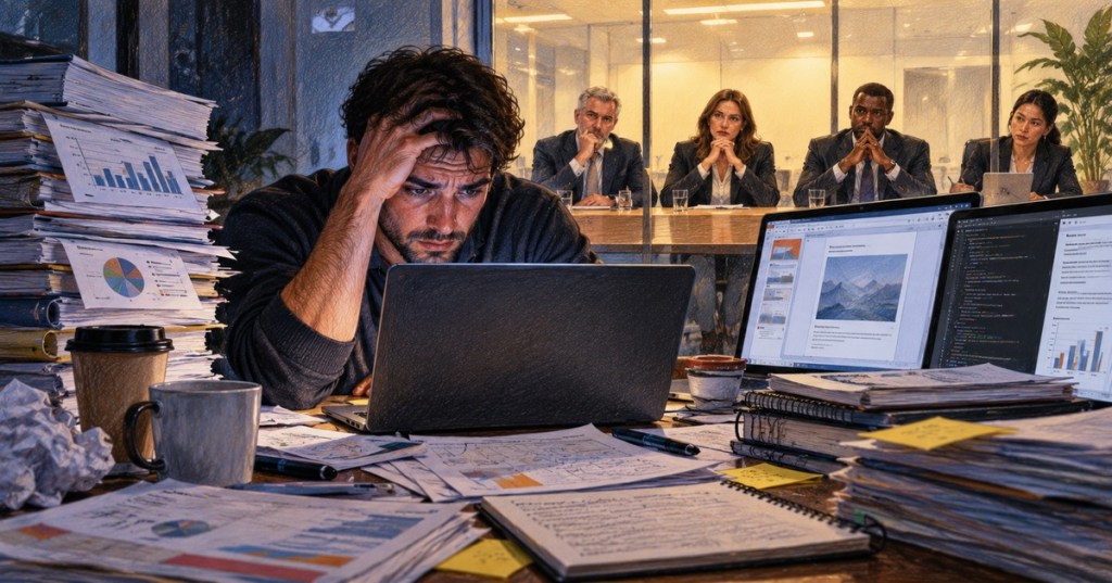 Exhausted job candidate working late on a take-home assignment while an interview panel watches from a conference room.
