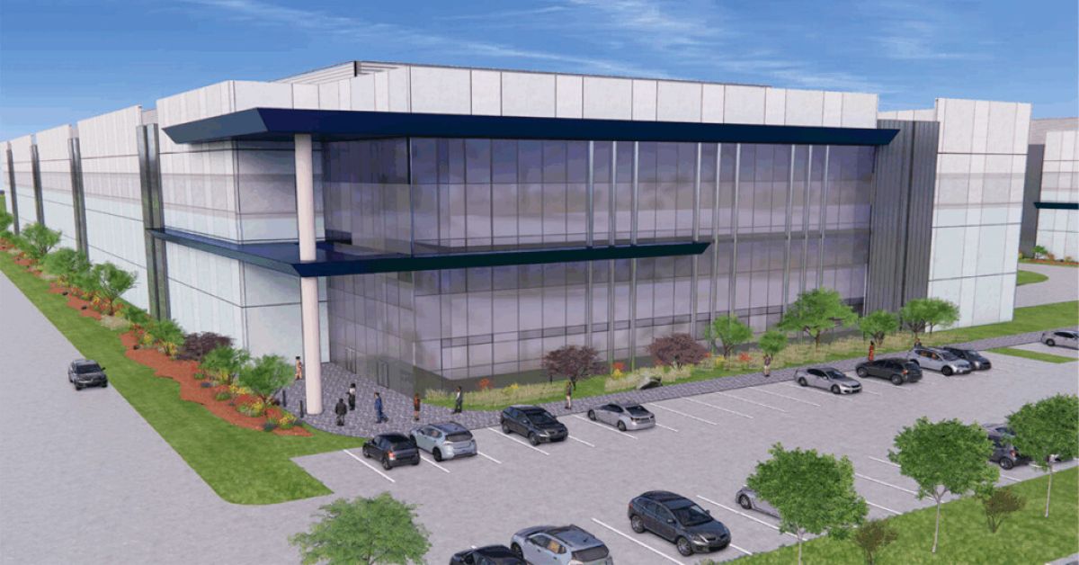 Rendering of glass-fronted proposed Joliet Technology Center building with parking and landscaping