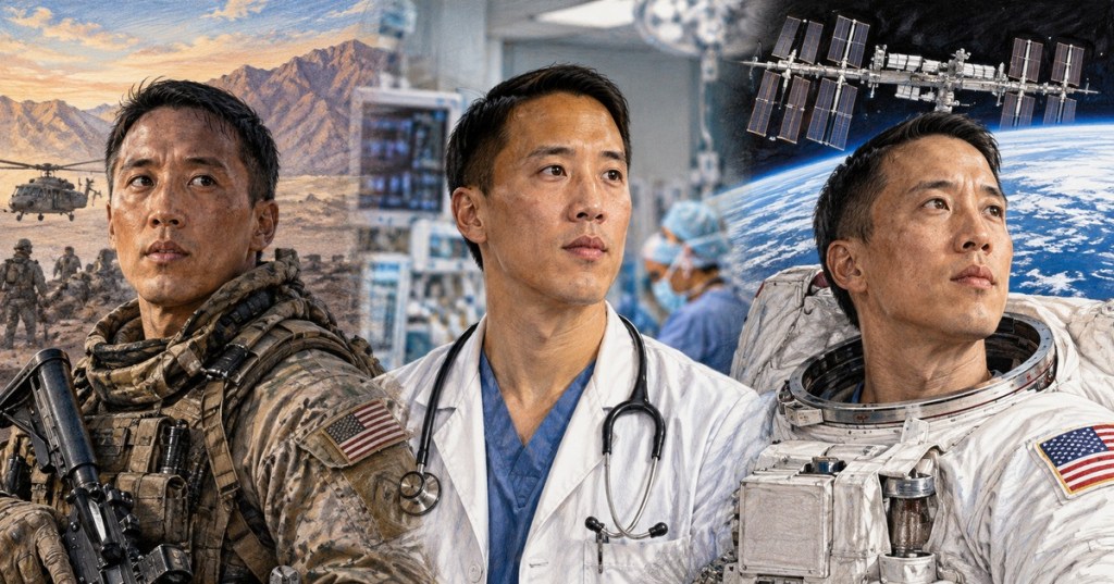 Illustrated career portrait of Jonny Kim shown as a Navy SEAL, physician, and astronaut
