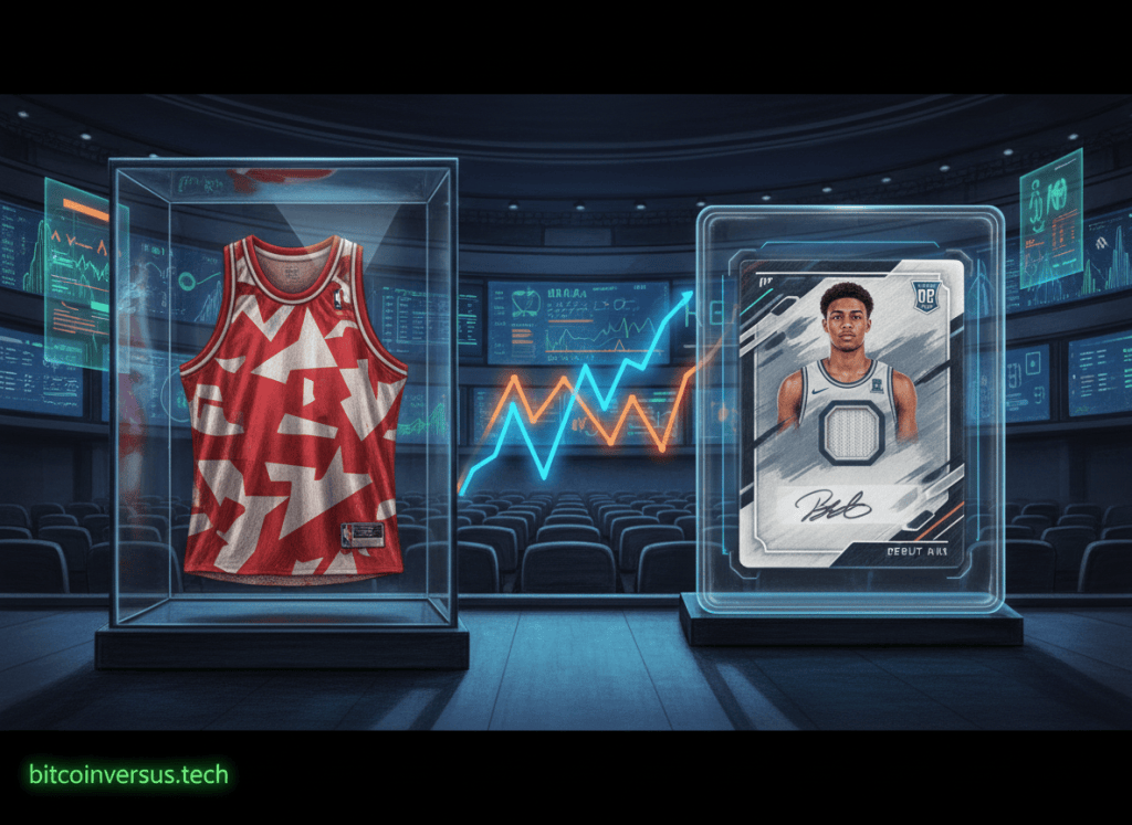 Editorial illustration comparing a historic championship basketball jersey in a display case with a modern one-of-one rookie trading card at auction.