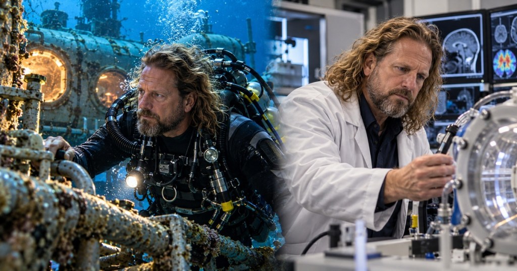 Editorial image showing Joseph Dituri's career from saturation diving to biomedical engineering research.