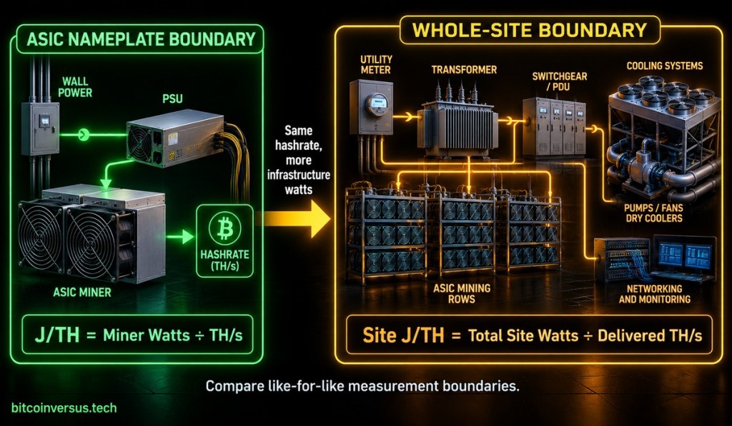 Technical diagram comparing ASIC nameplate J per TH with whole-site J per TH including transformers, switchgear, cooling, networking, and monitoring