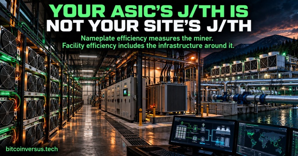 Cinematic Bitcoin mining facility showing ASIC racks, transformers, electrical distribution, cooling infrastructure, and the distinction between miner efficiency and whole-site efficiency