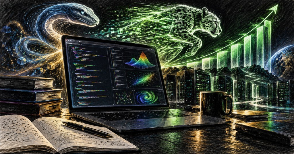 Color-pencil technology scene showing code, data visualization, performance, and programming-language growth around a developer laptop.