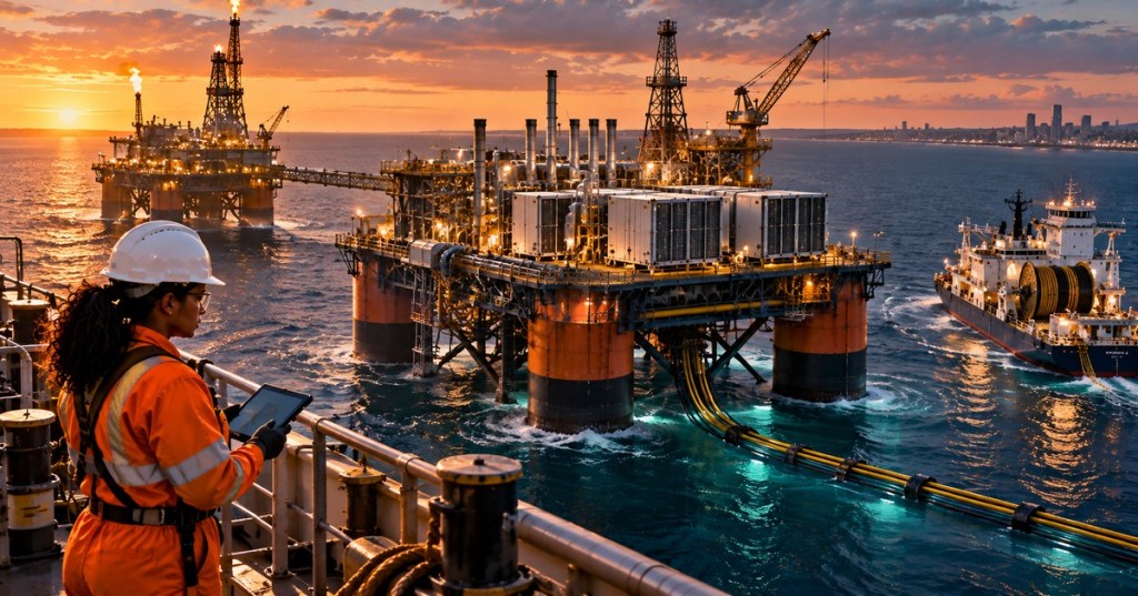 Original editorial artwork of a potential offshore gas-powered AI computing facility, cable-laying ship and engineer at dusk; conceptual, not an operating project.