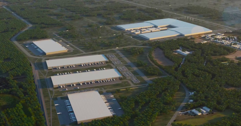 Detailed official conceptual illustration of Digital Realty's De Soto Astra Enterprise Park data center development, Kansas