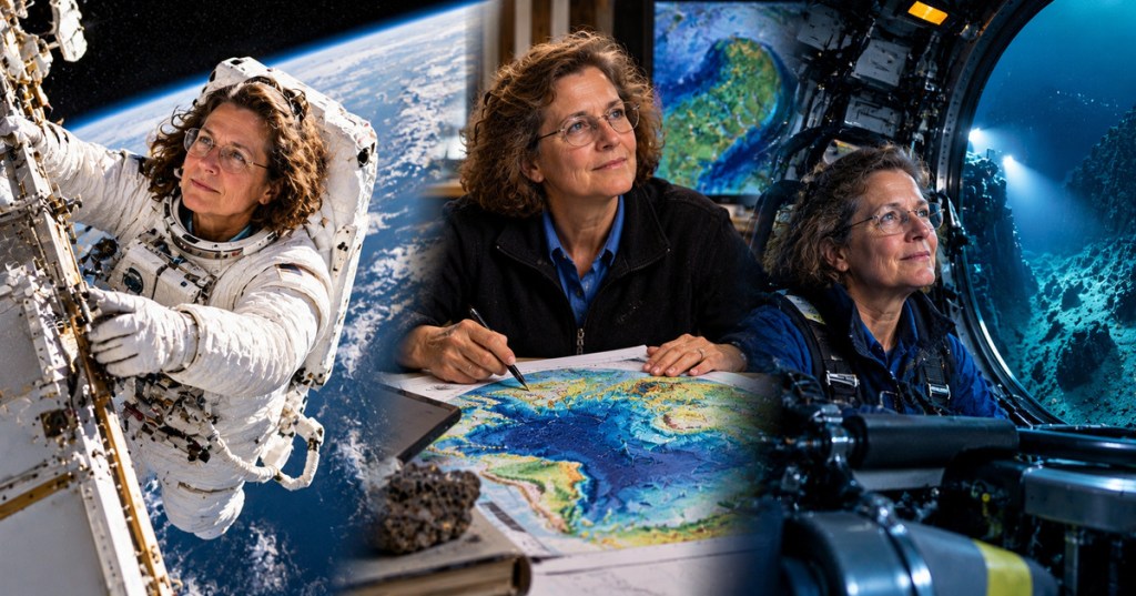 Illustrated career portrait of Kathryn Sullivan as an astronaut, geologist, and deep-ocean explorer