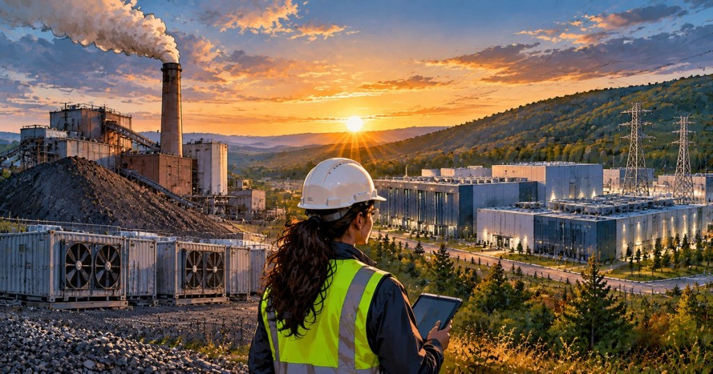 Original cinematic illustration contrasting a former waste-coal-powered Bitcoin mine and planned AI data center at a Pennsylvania industrial site.