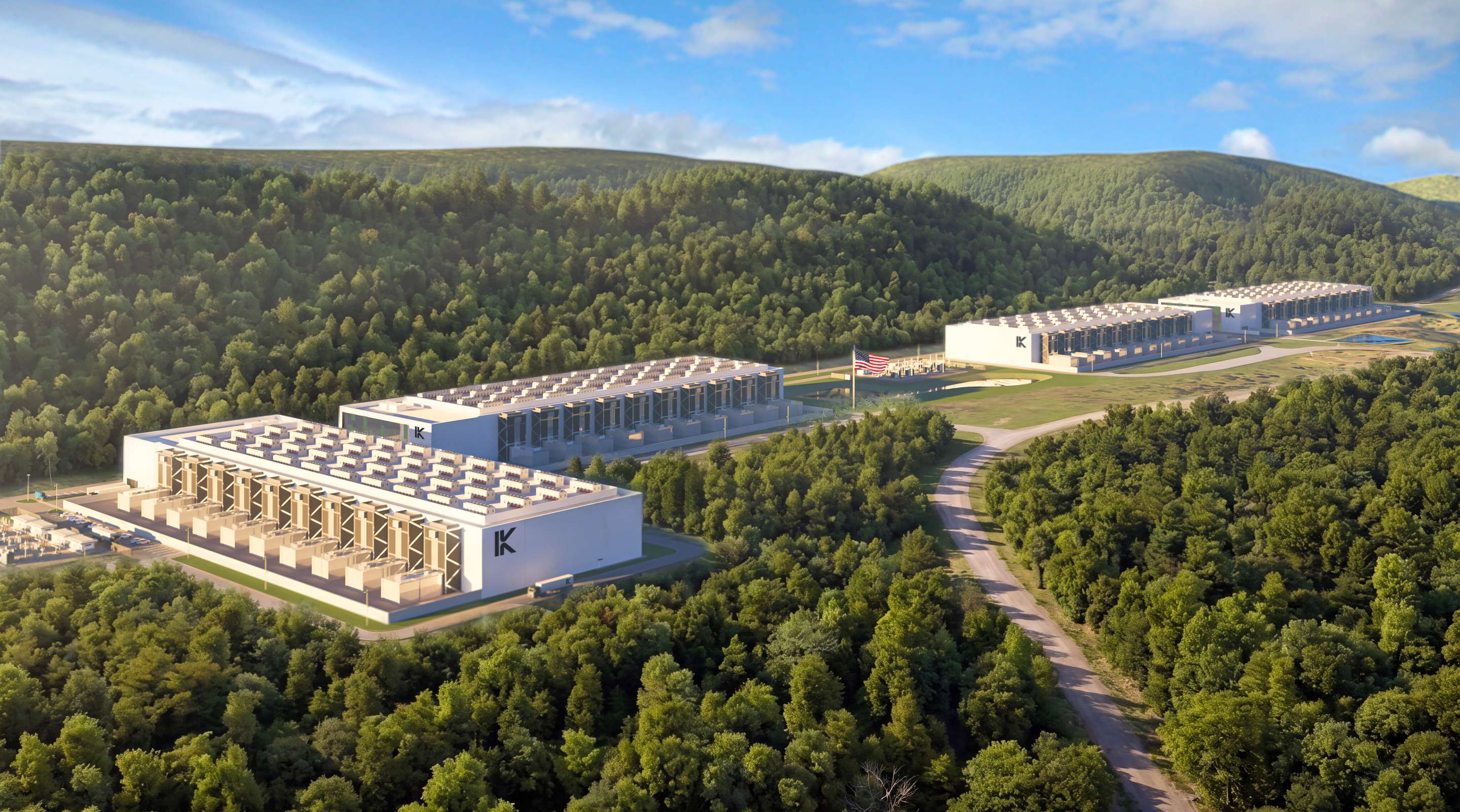 Official Keel conceptual architectural rendering of the planned Panther Creek campus in wooded Pennsylvania hills