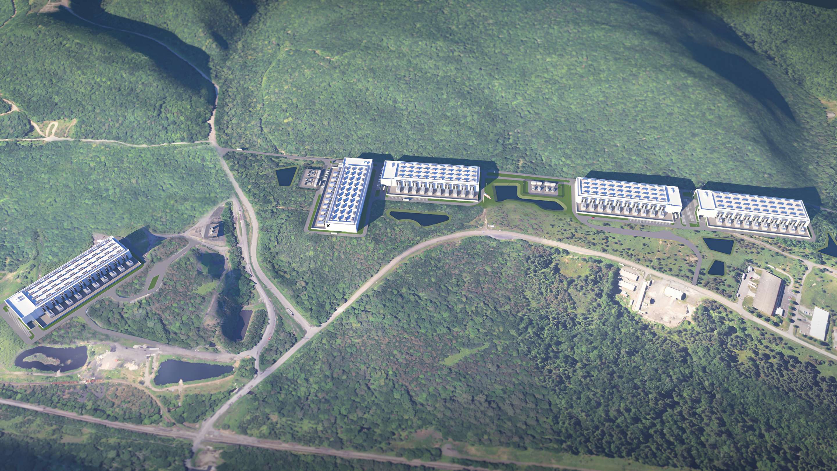 Official overhead conceptual rendering of multiple proposed Panther Creek data center buildings and access roads