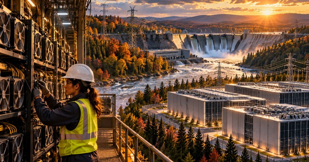 Original conceptual illustration of Bitcoin ASIC racks transitioning to AI data centers in a wooded Québec hydroelectric landscape.
