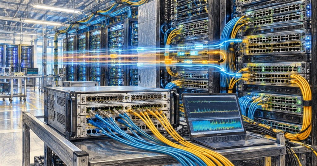 Colored-pencil illustration of a high-speed Ethernet validation lab testing AI data center network links.