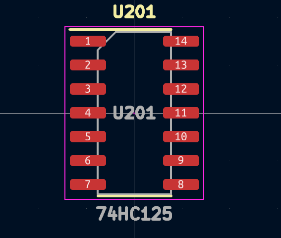 Official KiCad footprint example with fourteen numbered pads, a component outline and a surrounding courtyard.